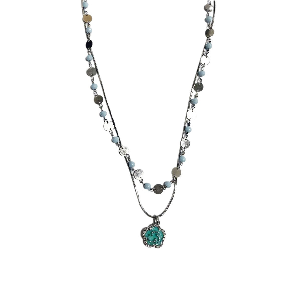 Layer Twin Blue Rose Titanium Steel Necklaces