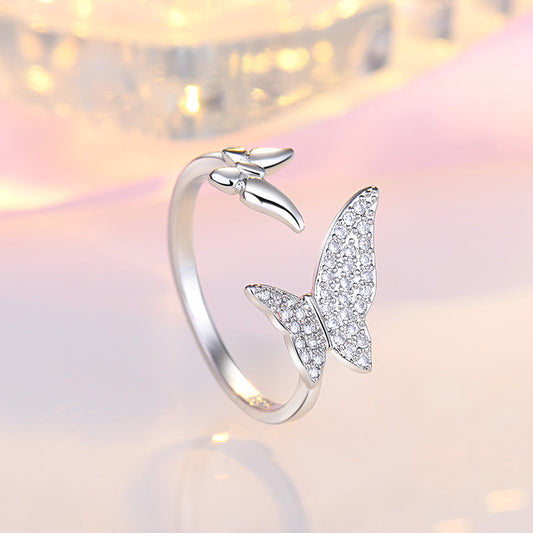 Women's Small Diamond Double Butterfly Adjustable Opening Rings
