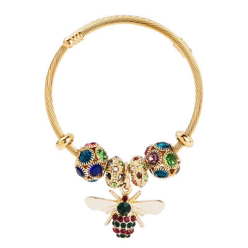 Alloy Gold Adjustable Bee Shiny Rhinestone Ball Bracelets