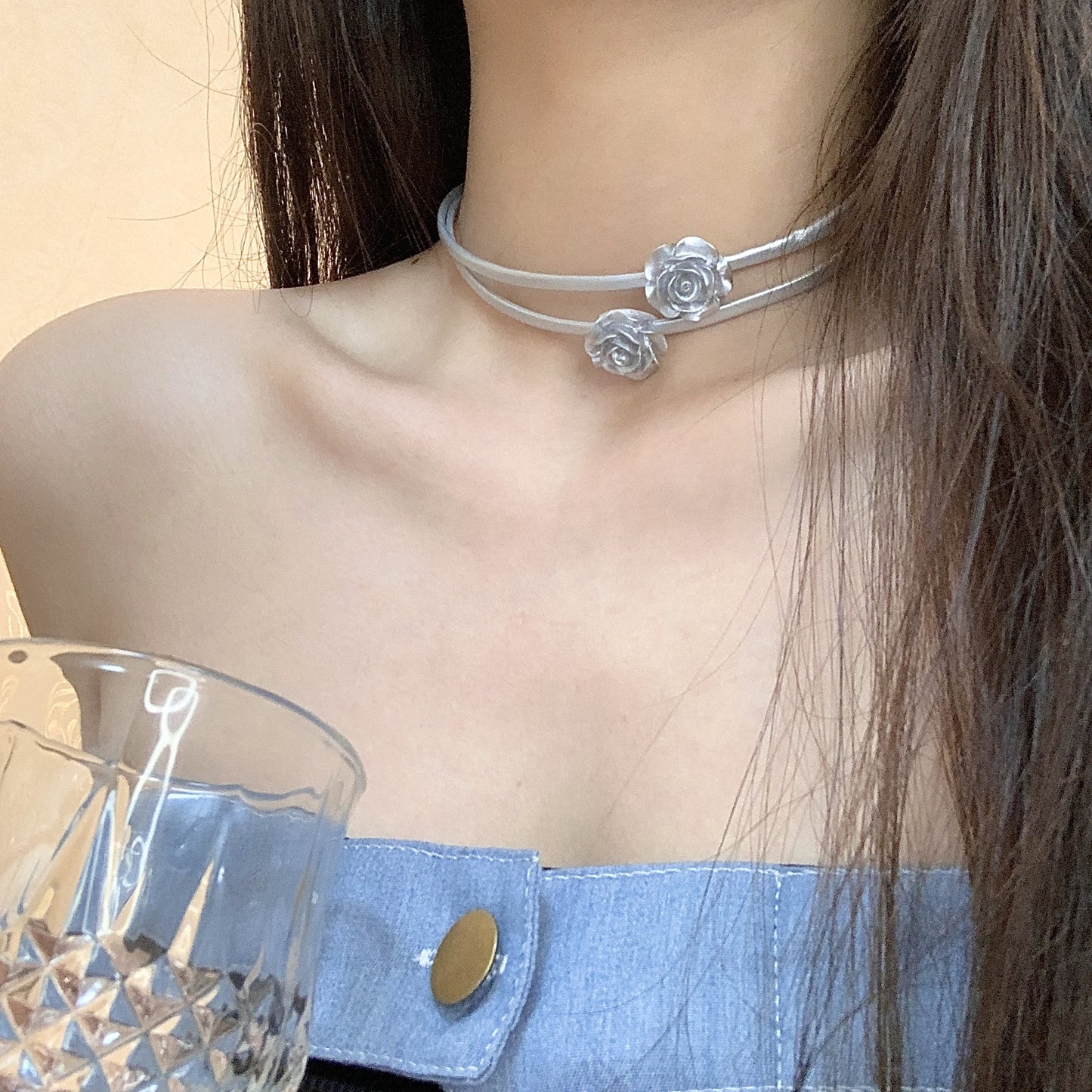 Kragen Leder Silber Rose Punk Schlüsselbein Halsketten