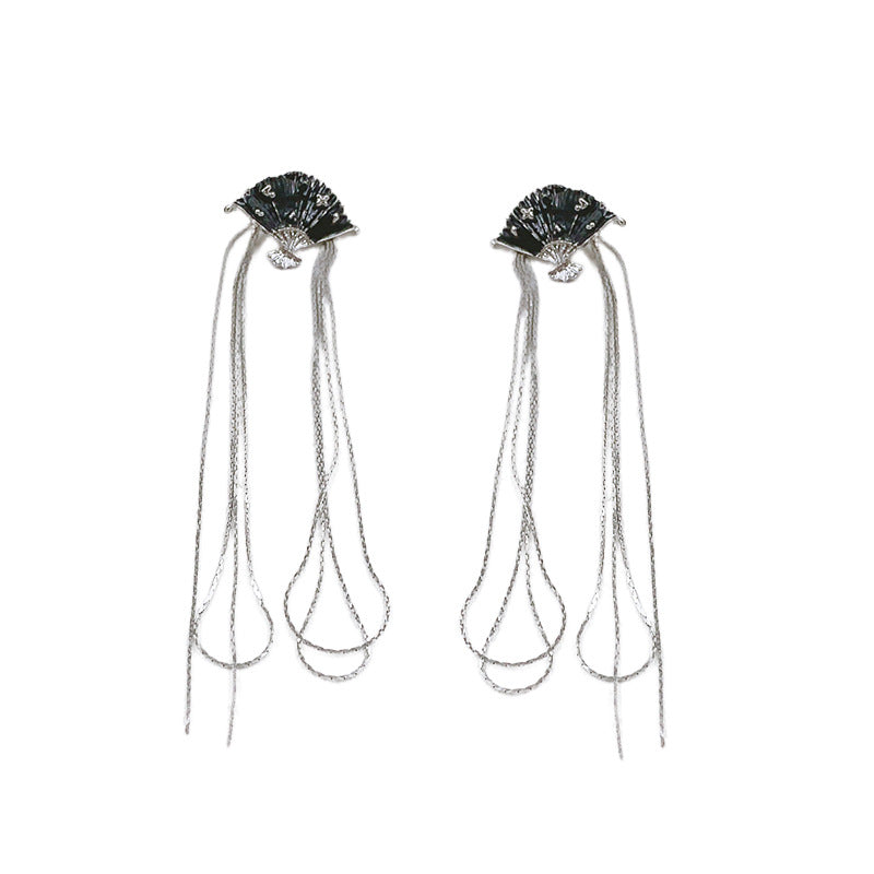 Design Enamel Fan Tassel Chinese Style Earrings