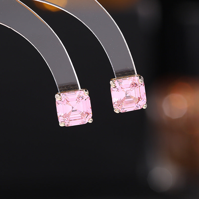 Geometric Square Zircon Sier Pin Design Small Diamond Light Luxury Stud Earrings