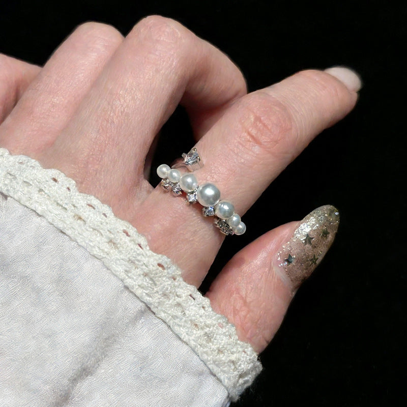 Pearl Shining Diamond Open Female Design High Sense Ring