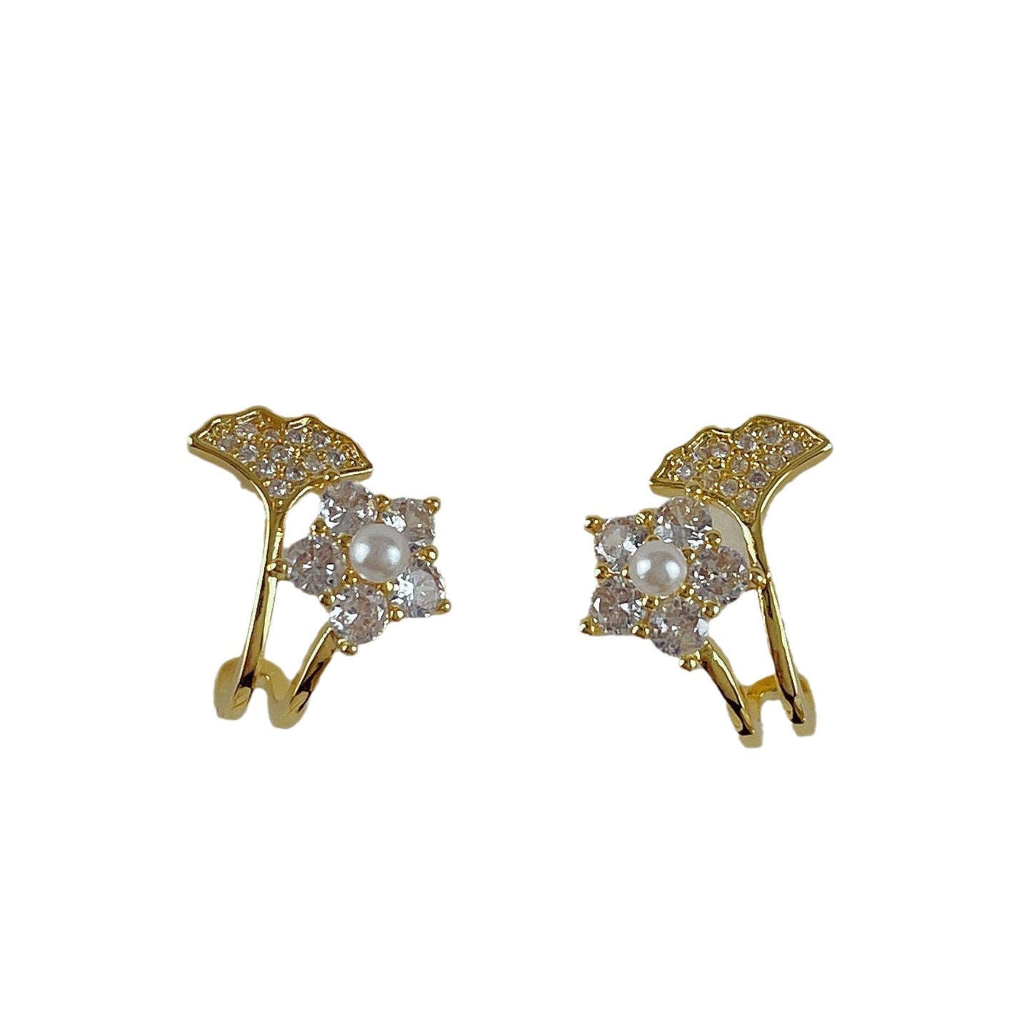 Gold Plating Golden Fan-shaped Zircon Flower Pearl Earrings