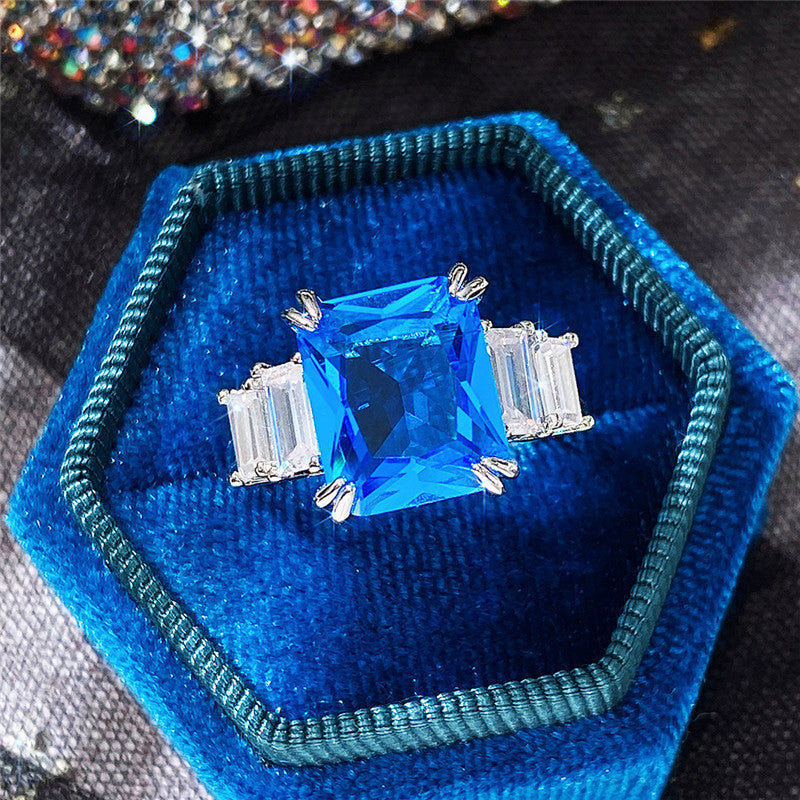 Women's Shi Square Sea Blue Zircon Light Luxury Rings