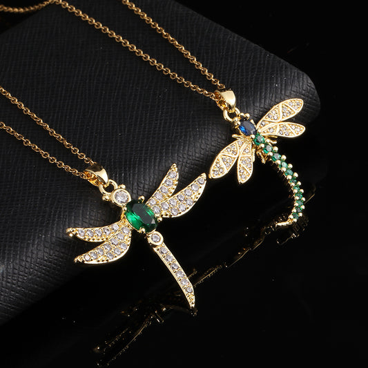 Women's Real Gold Micro Inlaid Zirconium Dragonfly Pendant Light Necklaces