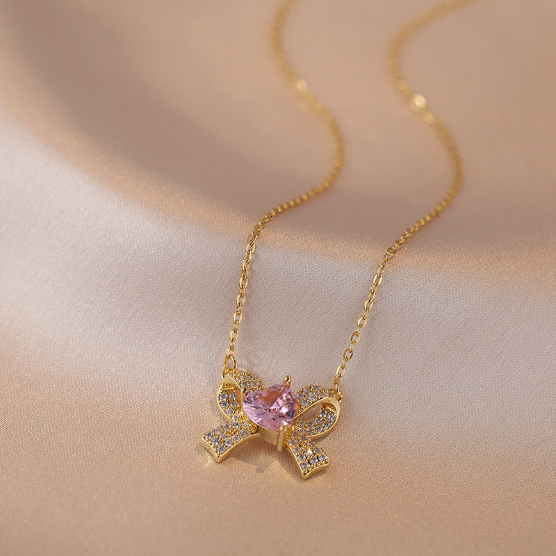 Female With Hearts Zircon Bow Special Interest Light Luxury Necklaces