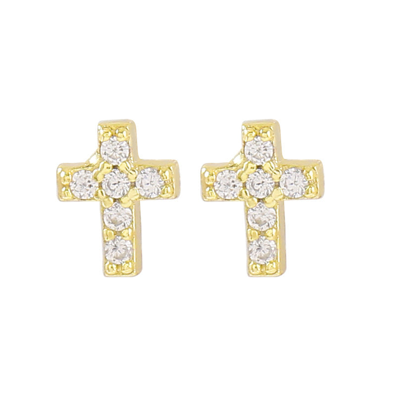 Women's Diamond Cross Sterling Sier Simple Small Stud Earrings