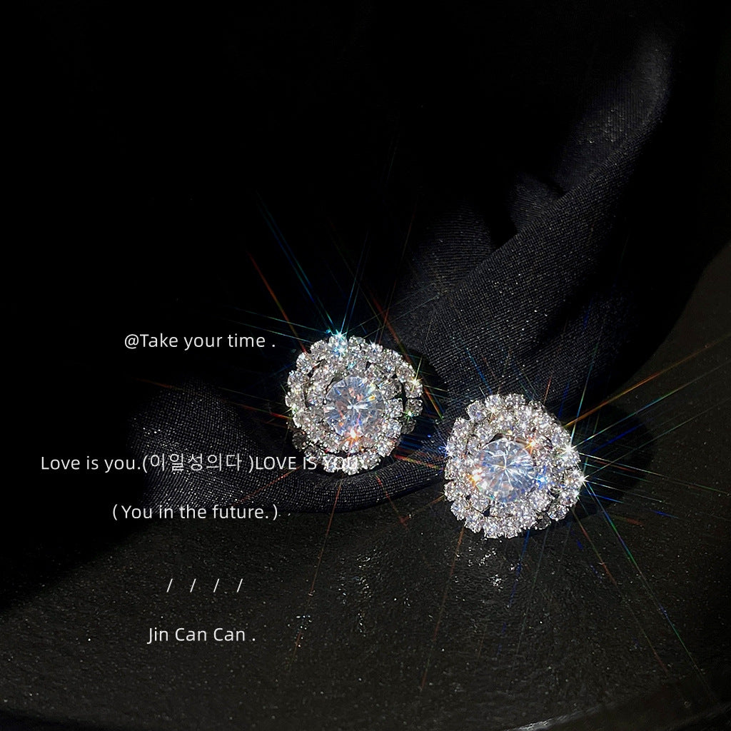 Needle Zircon Three-dimensional Geometric Cross Round High Earrings