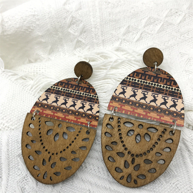 Retro Exaggerated Wooden Dangle Printed Hollow Earrings