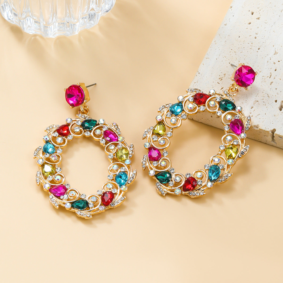 Women's Trendy Colorful Crystals Exaggerated Diamond Oval Earrings