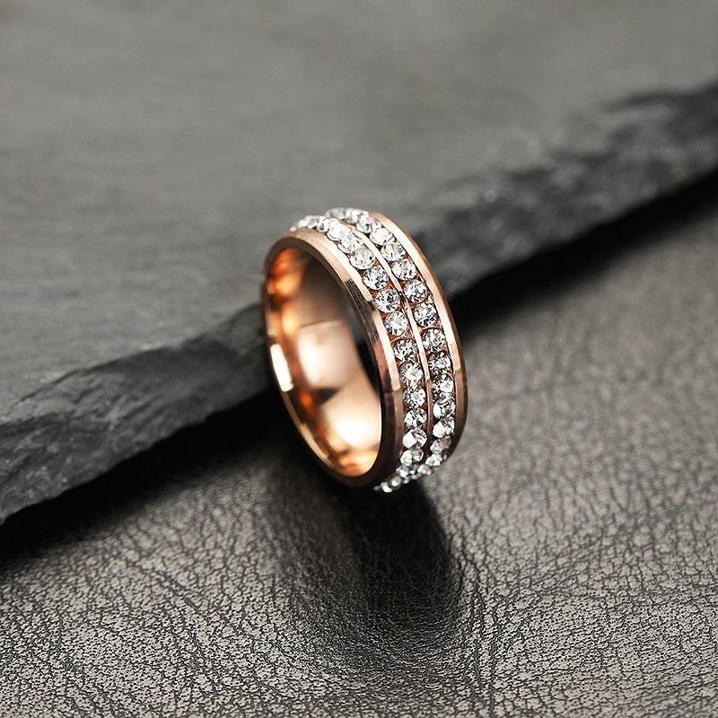Women's Stainless Ornament Double Row Full Rhinestone Rings