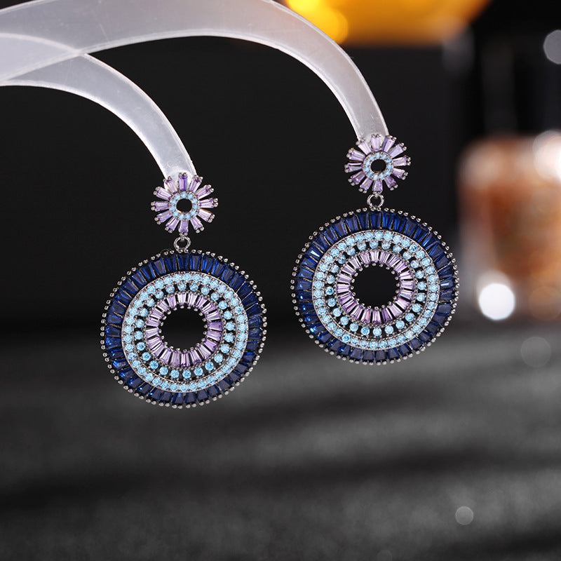Exaggerating Female Retro Blue Gradient Pink Zircon Earrings