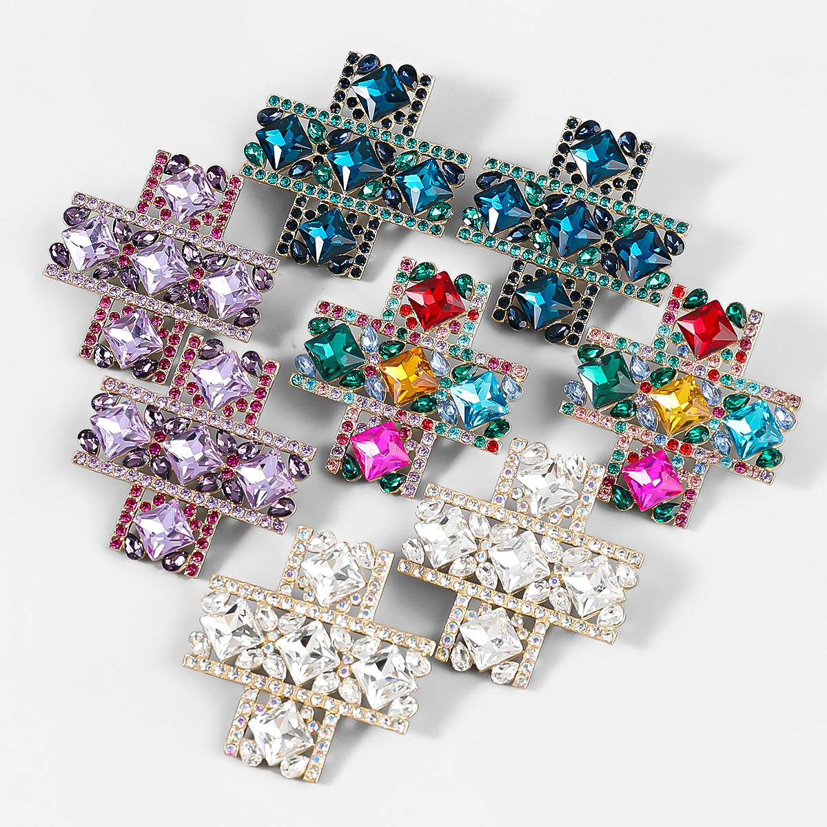 Alloy Diamond Rhinestone Glass Drill Cross Earrings