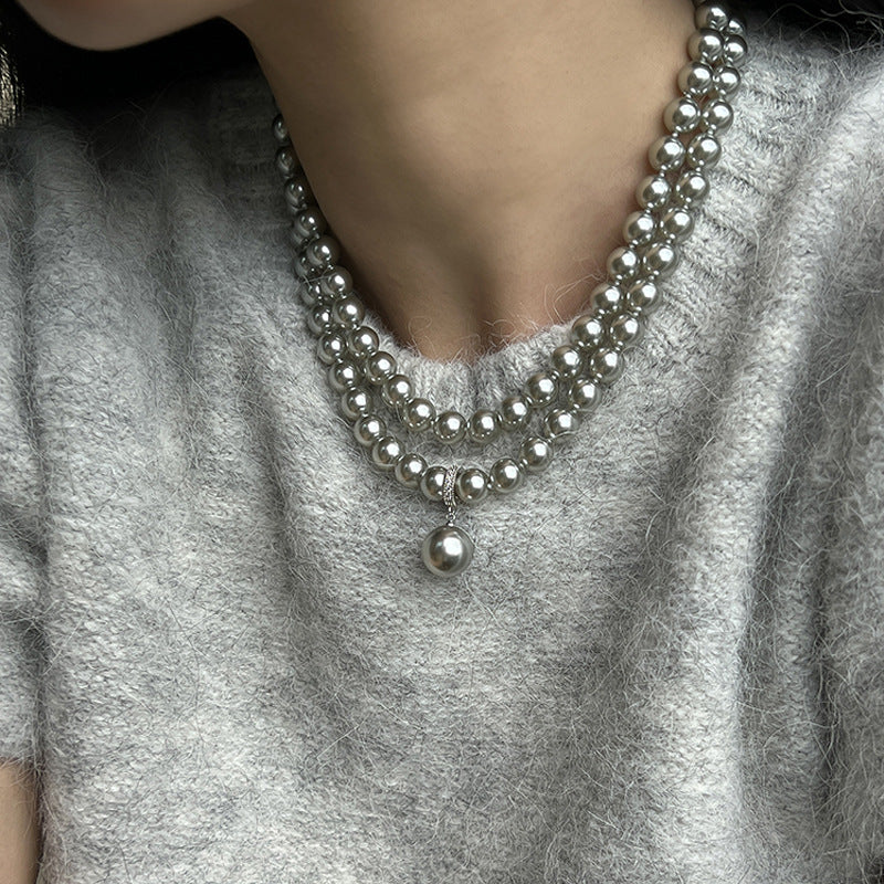 Chaîne de pull longue en perles grises pour femmes, colliers polyvalents de haute qualité