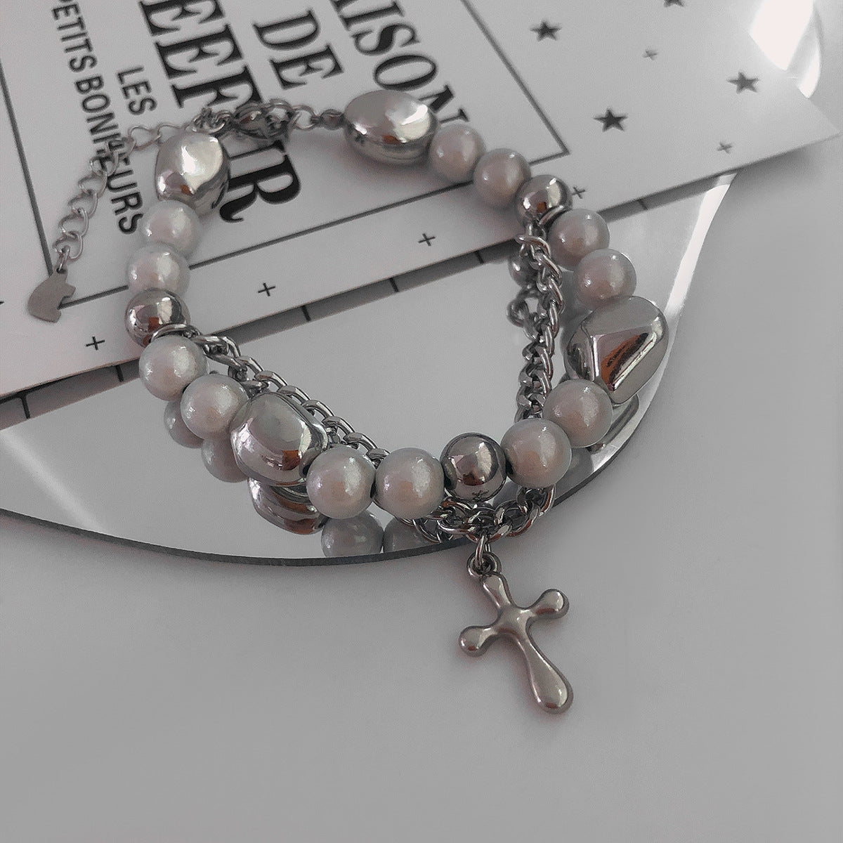 Pendentif croix femme réfléchissant perle couture Double couche colliers hauts
