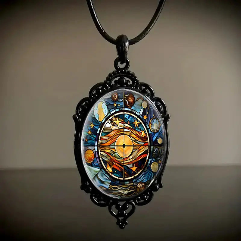 Elegant Constellation Pattern Black Frame Glass Embossed Romantic Necklace