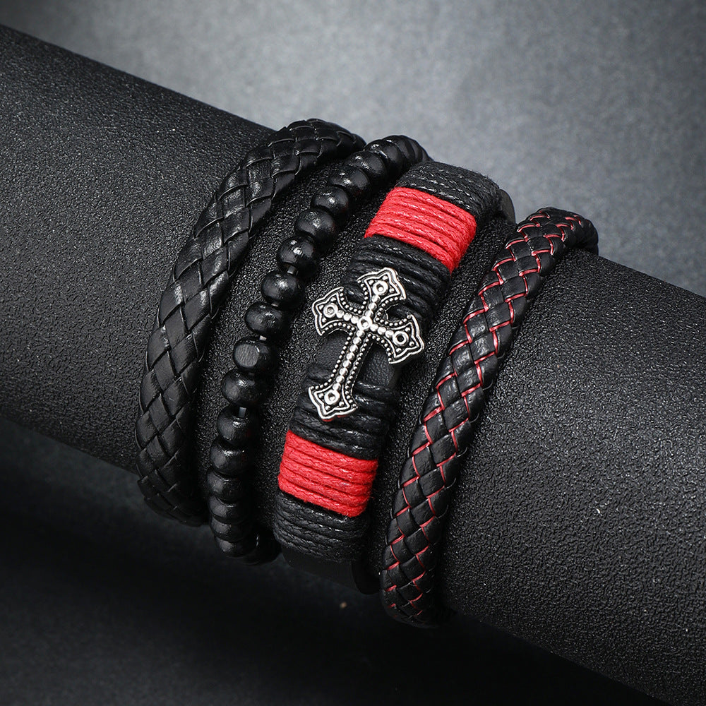 Combinaison de bijoux à main en cuir, bracelets en acier inoxydable