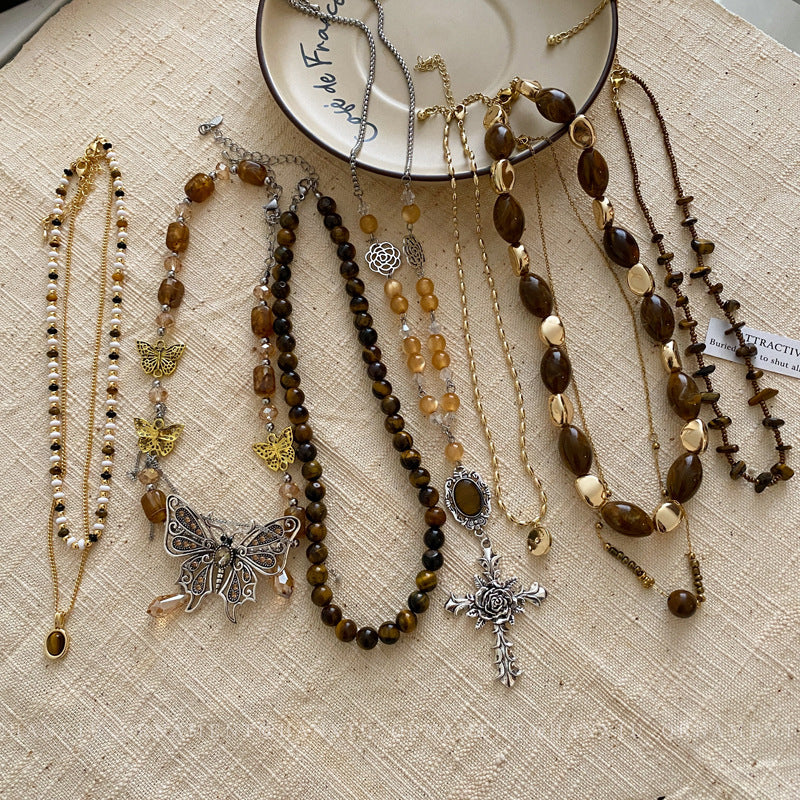 Colliers de pull en perles rétro chinois pour femmes, série Tigereye papillon