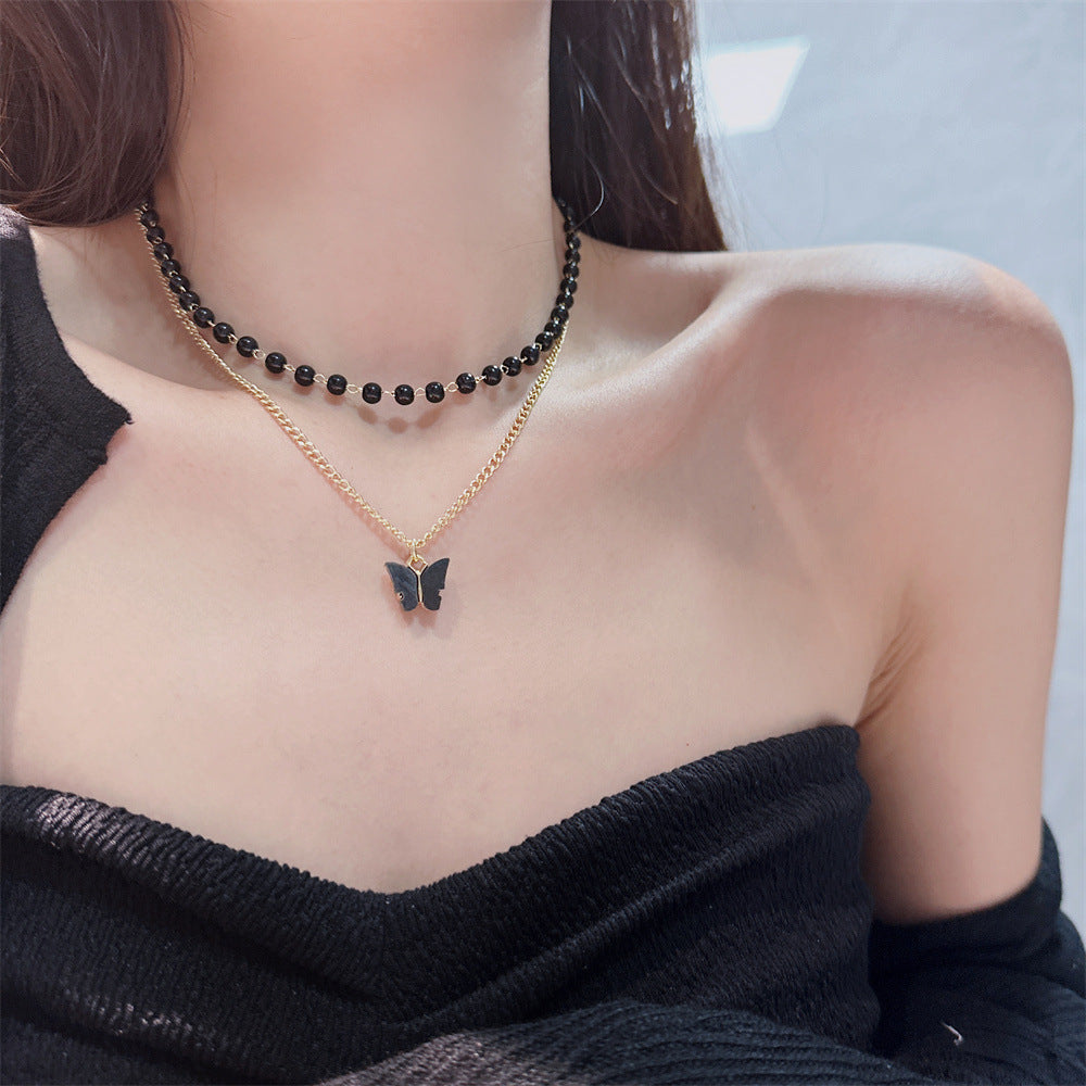 Colliers de papillons en perles noires pour femmes, ornement de Style français