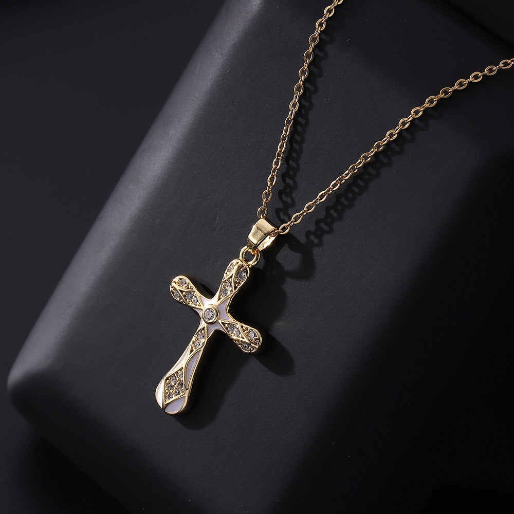 Dripping Zircon Cross Pendant Temperament Wild Micro Inlaid Gold Necklaces