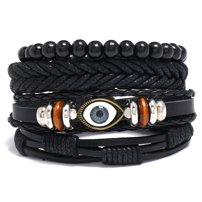 Combination Black Leather Vintage Weave Eye Bracelets
