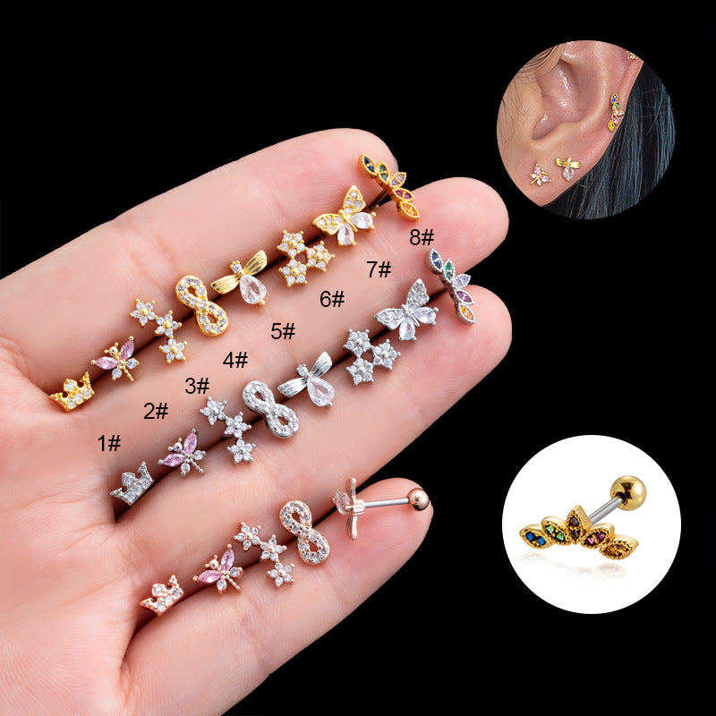 Steel Double-headed Screw Rod Zircon Ear Bone Pink Zirconium Dragonfly Stud Earrings