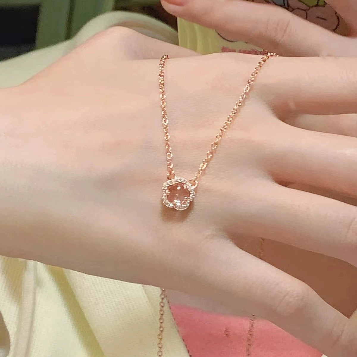 Fresh Sweet Girlish Style Sterling Sier Pink Crystal Necklaces