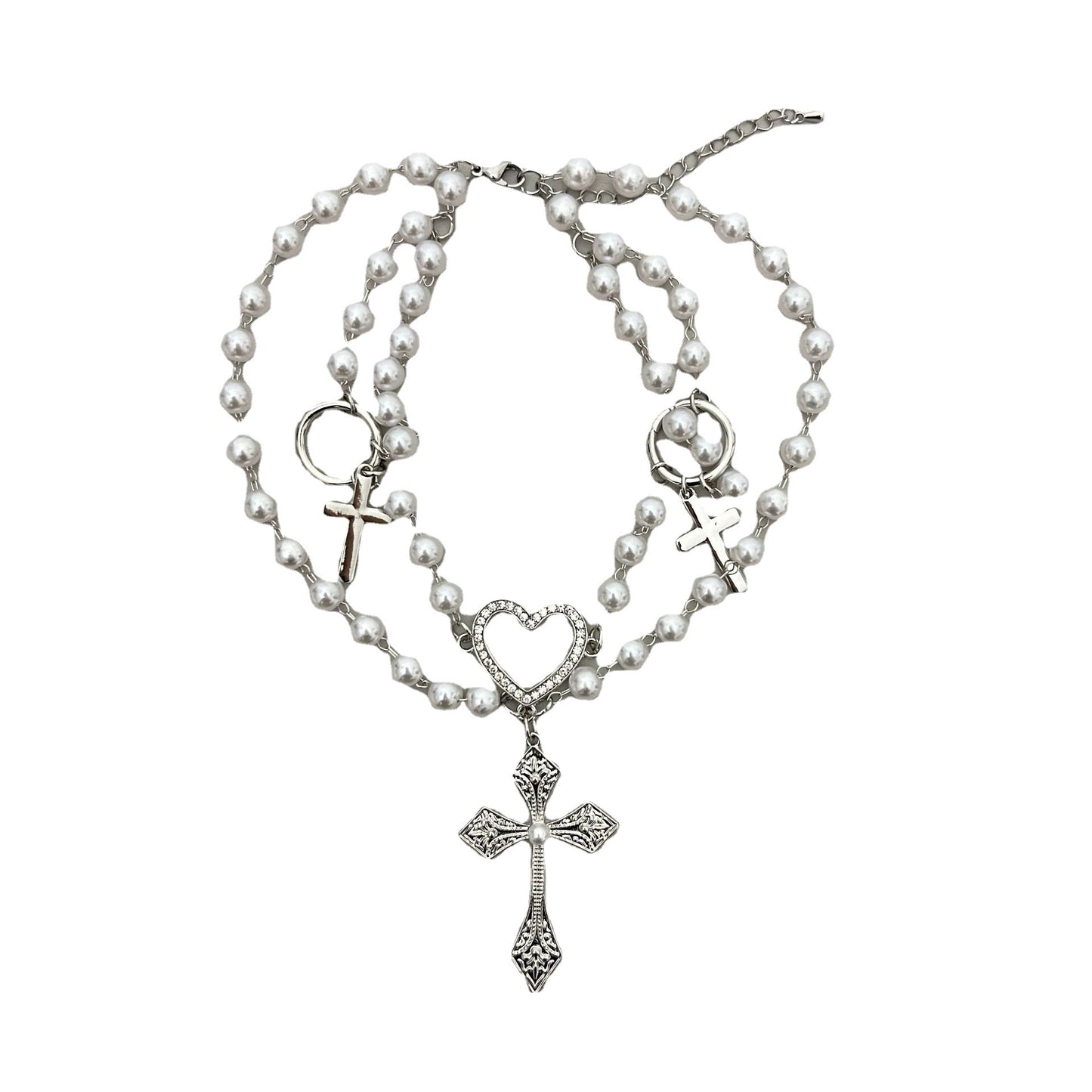 Women's Ya Twin Stringed Pearls Cross Clavicle Necklaces