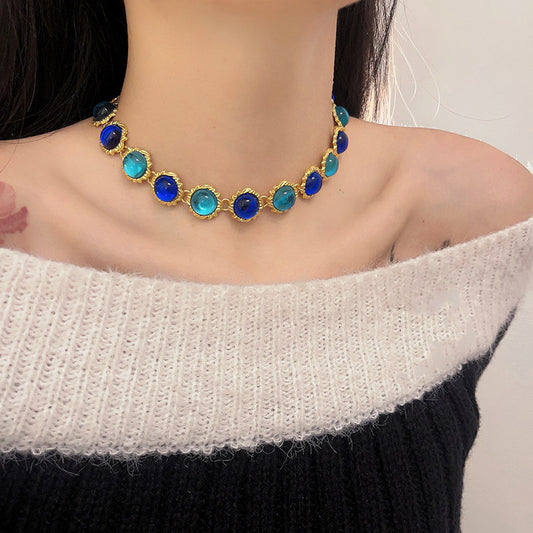 Women's Blue Retro Fashion Gem Light Luxury Necklaces
