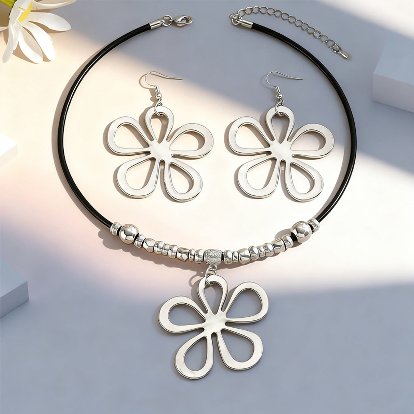 Classy Black Rope Geometric Hollow Flower Jewelry Set