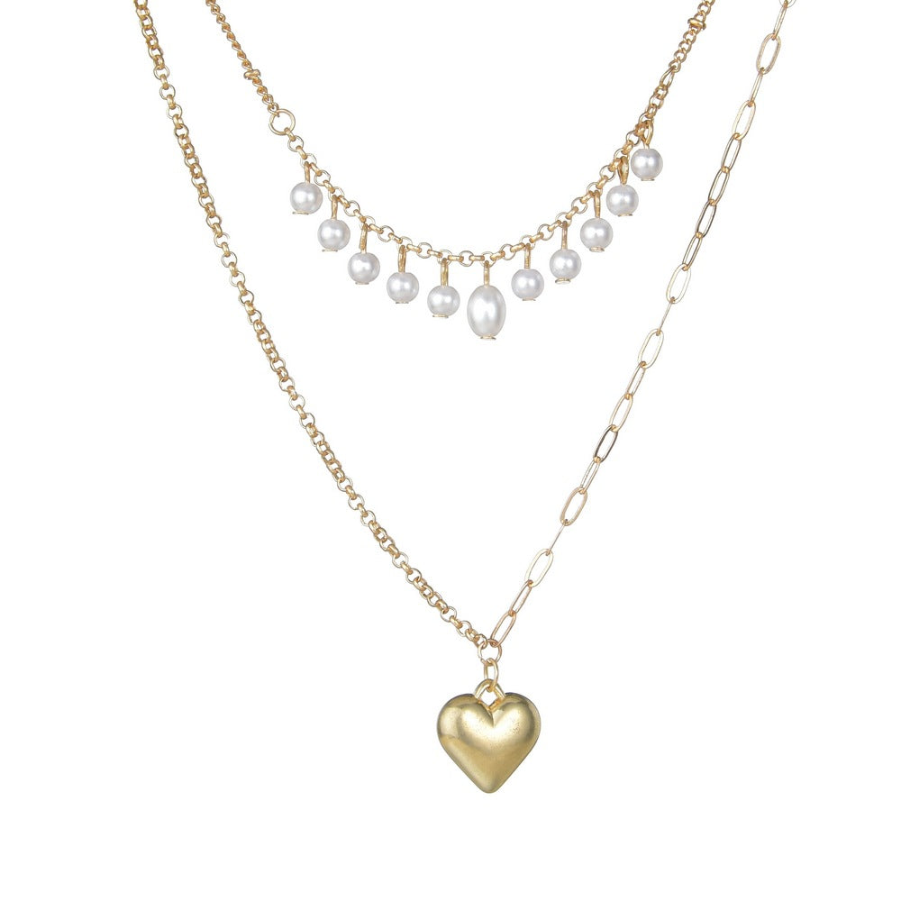 Women's Tassel Pearl Love Pendant Double Layer Necklaces