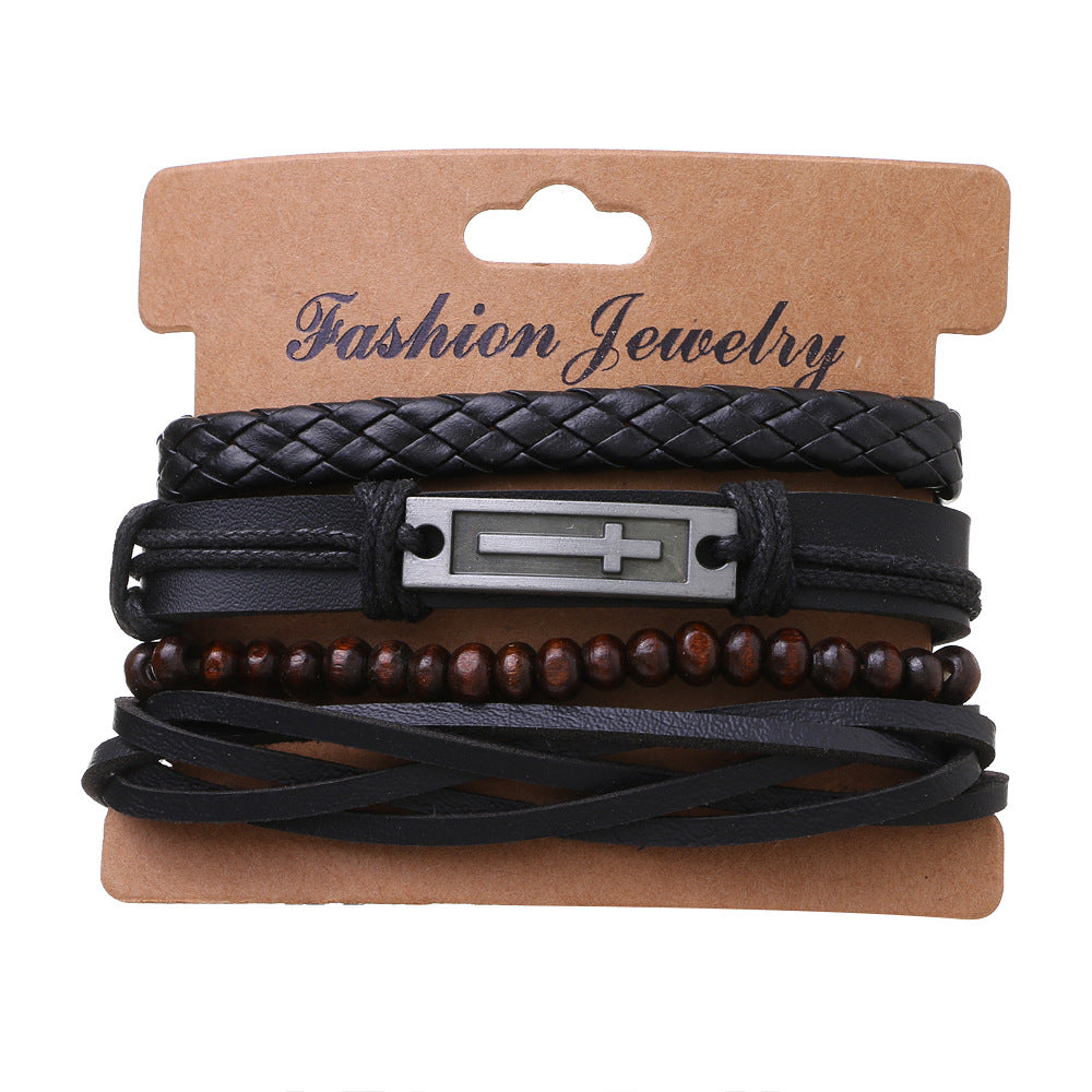 Men's Leather Alloy Cross Hemp Flowers Chain Bracelets