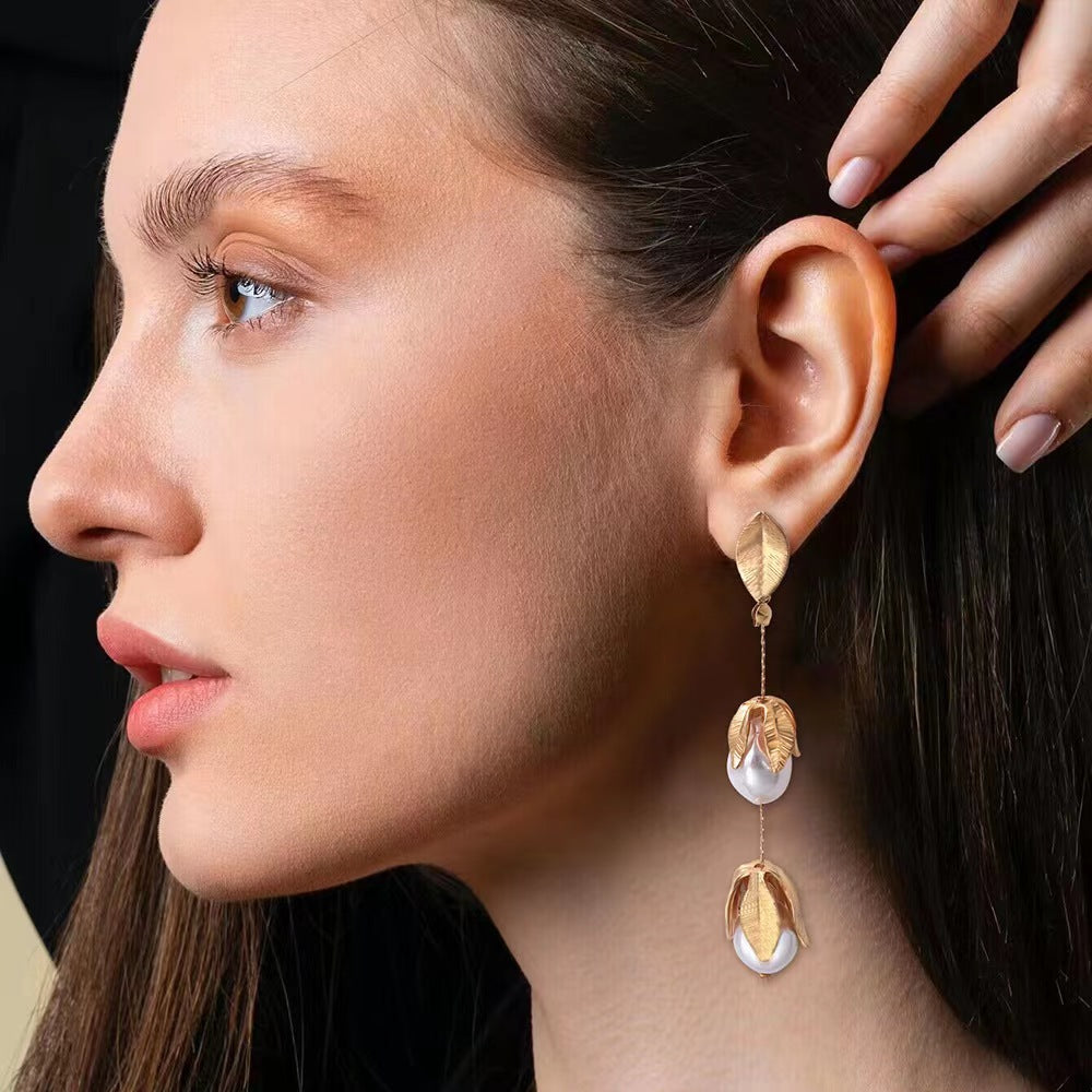 Baroque Pearl Tassel Vintage Alloy Inlaid Earrings