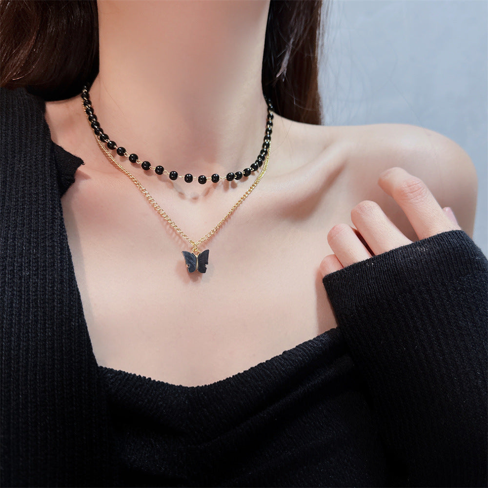 Colliers de papillons en perles noires pour femmes, ornement de Style français