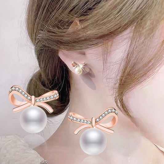 Women's Style Rhinestone Bow Freshwater Pearl Vitality Earrings