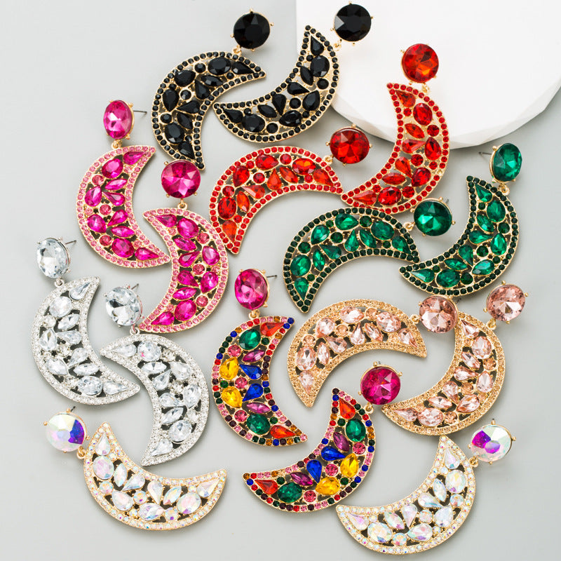 Crescent-shaped Alloy Colorful Crystals Eardrops Moon Earrings