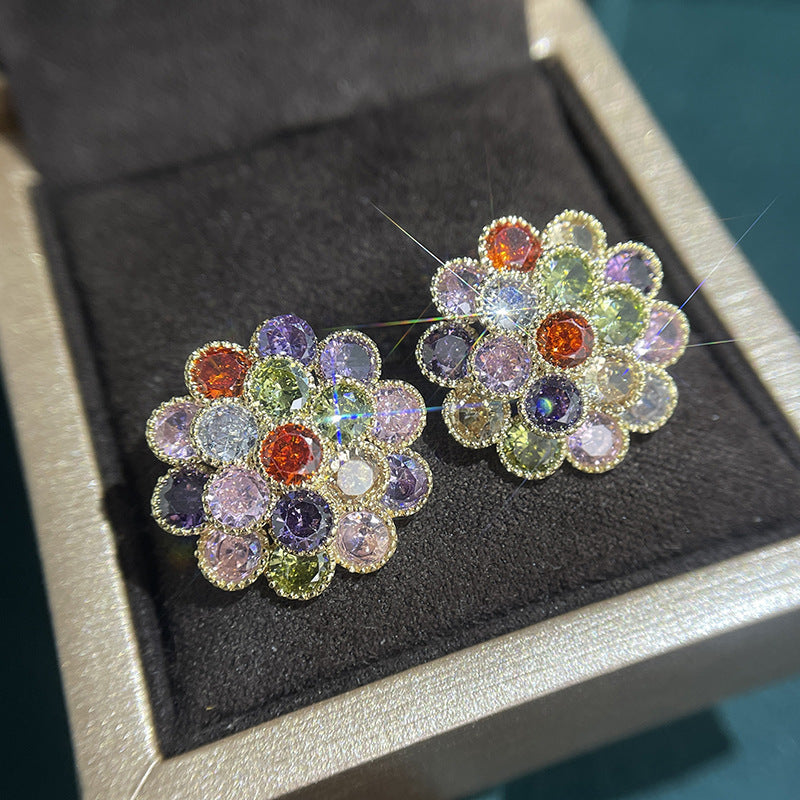 Women's Elegant Colorful Zircon Flower Sier Pin Simple Earrings