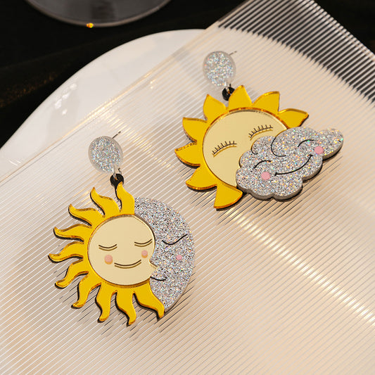 Women's Smiley Face Sunflower Acrylic Design Asymmetric Moon Earrings