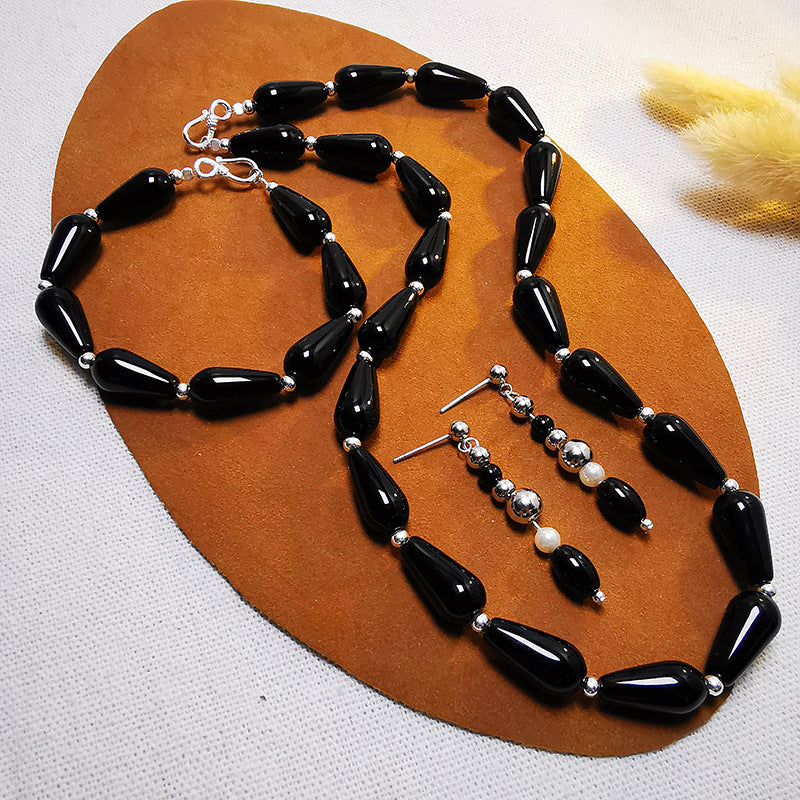 Women's & Men's & Sier Natural Black Agate Water Necklaces
