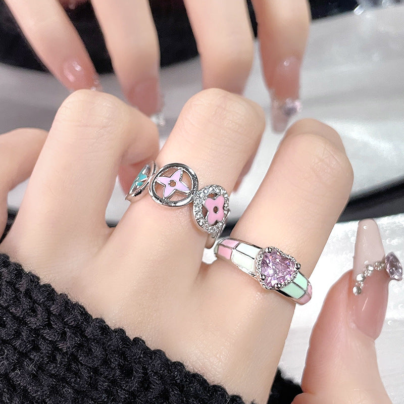 Heart Chessboard Niche Design Color Enamel Rings