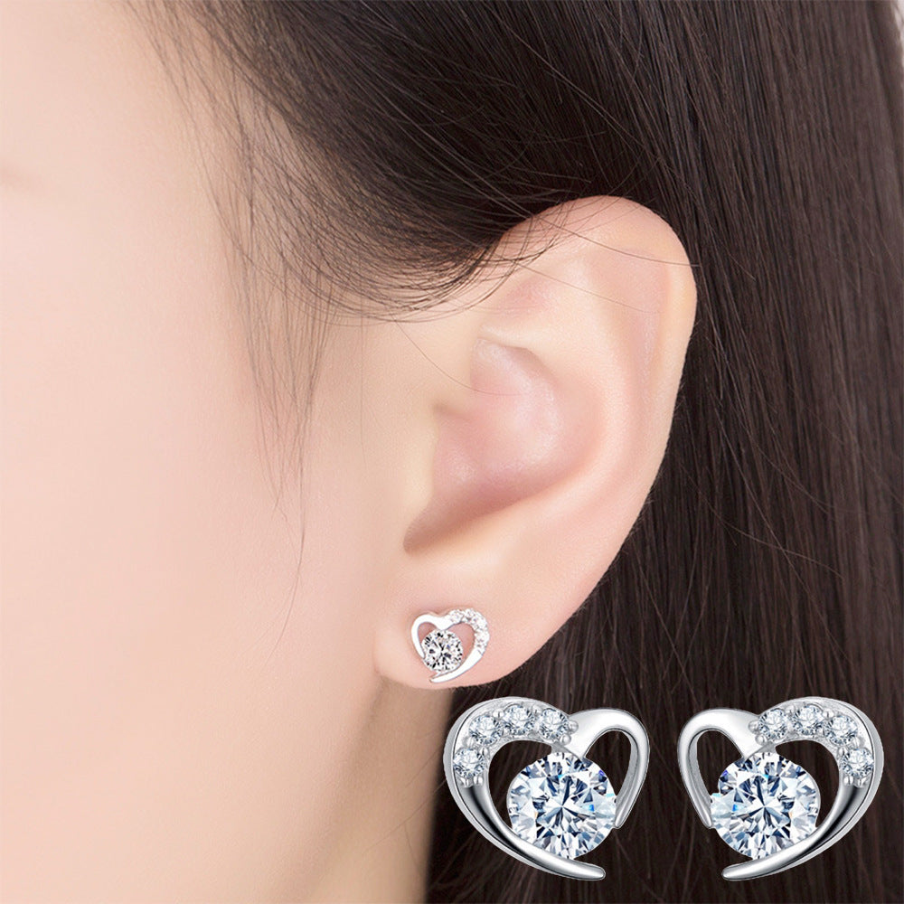 Sier Needle Love Heart Temperamental Sterling Zircon Earrings