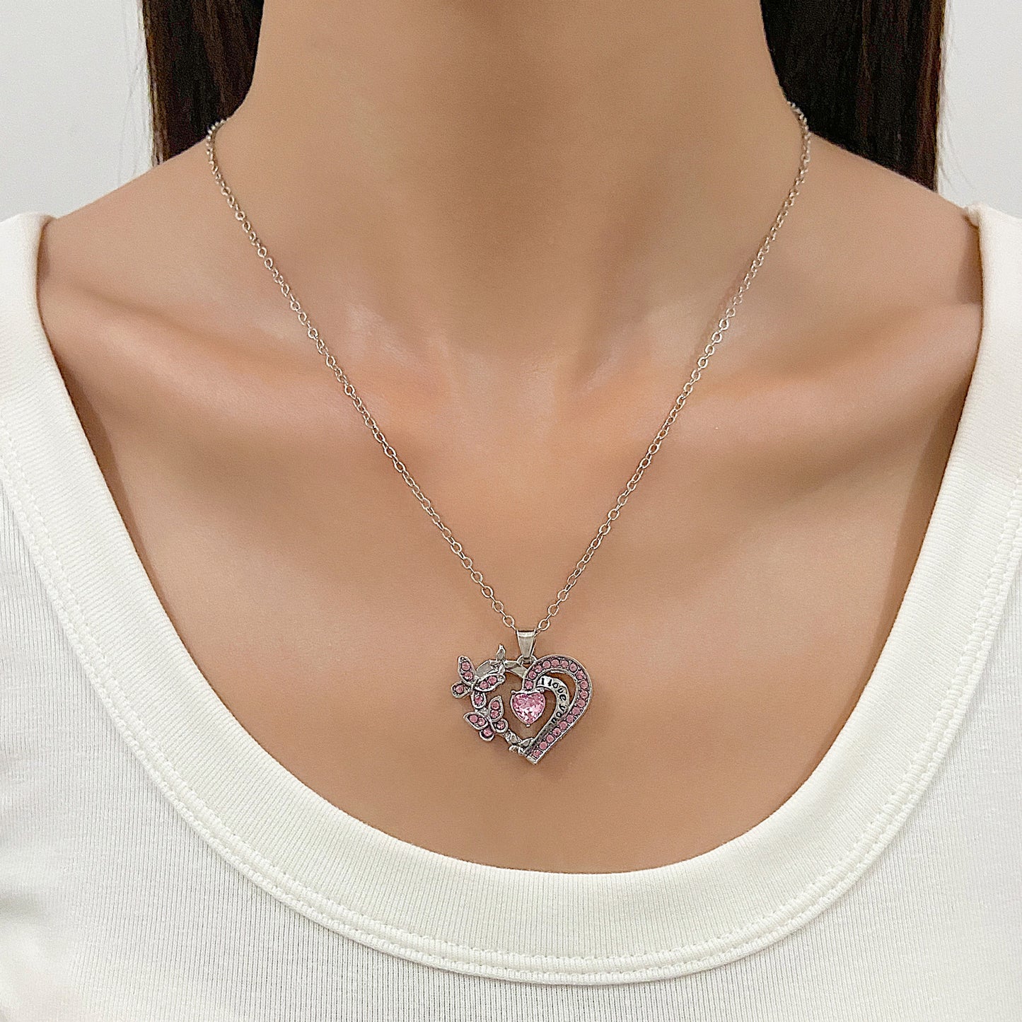 Alloy Female Micro Inlay Rhinestones Hollow Heart Necklaces