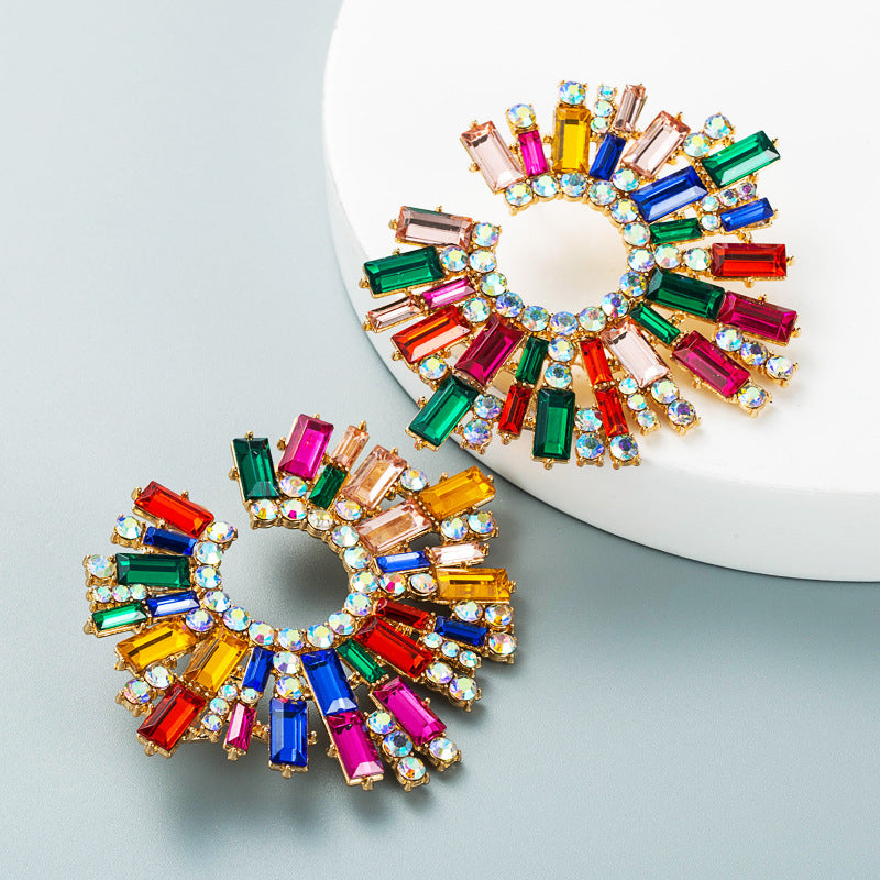 Alloy Inlaid Color Rhinestone Sunflower Female Super Earrings