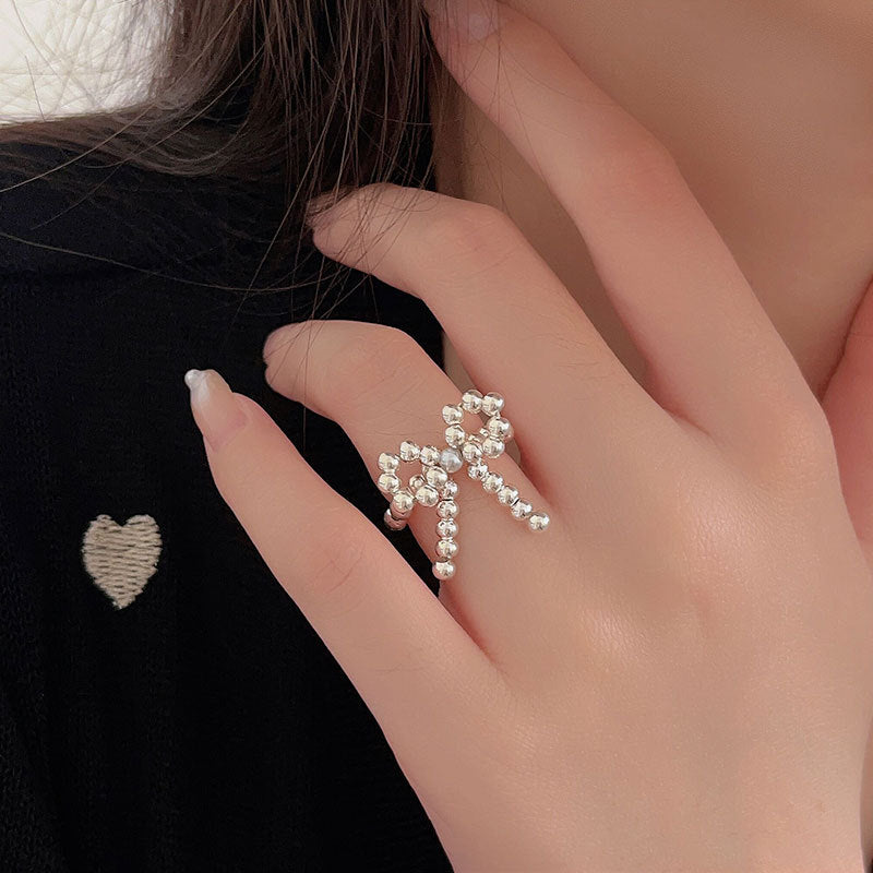 Women's Sier Stretch Round Beads Bow Personality And Fashion Rings