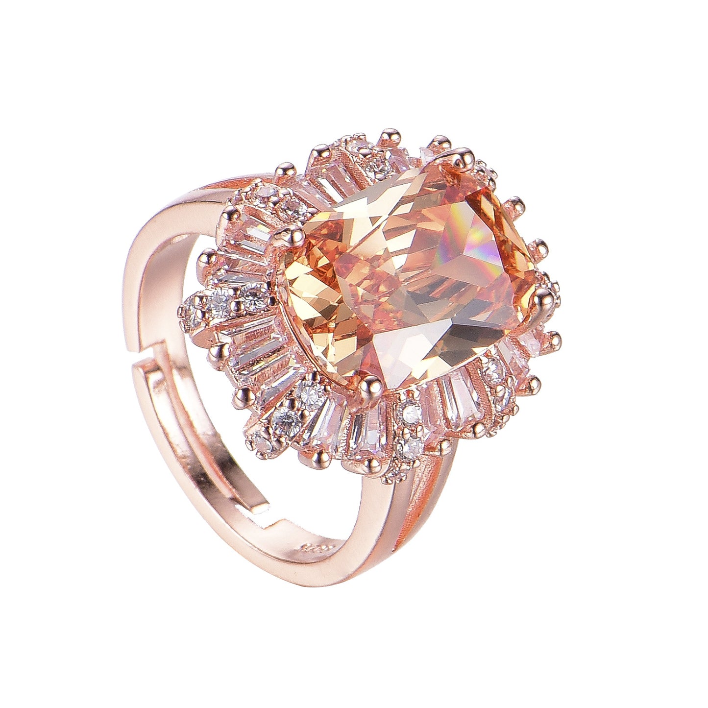 Rectangular Champagne Zircon Closed Open Female Rose Rings