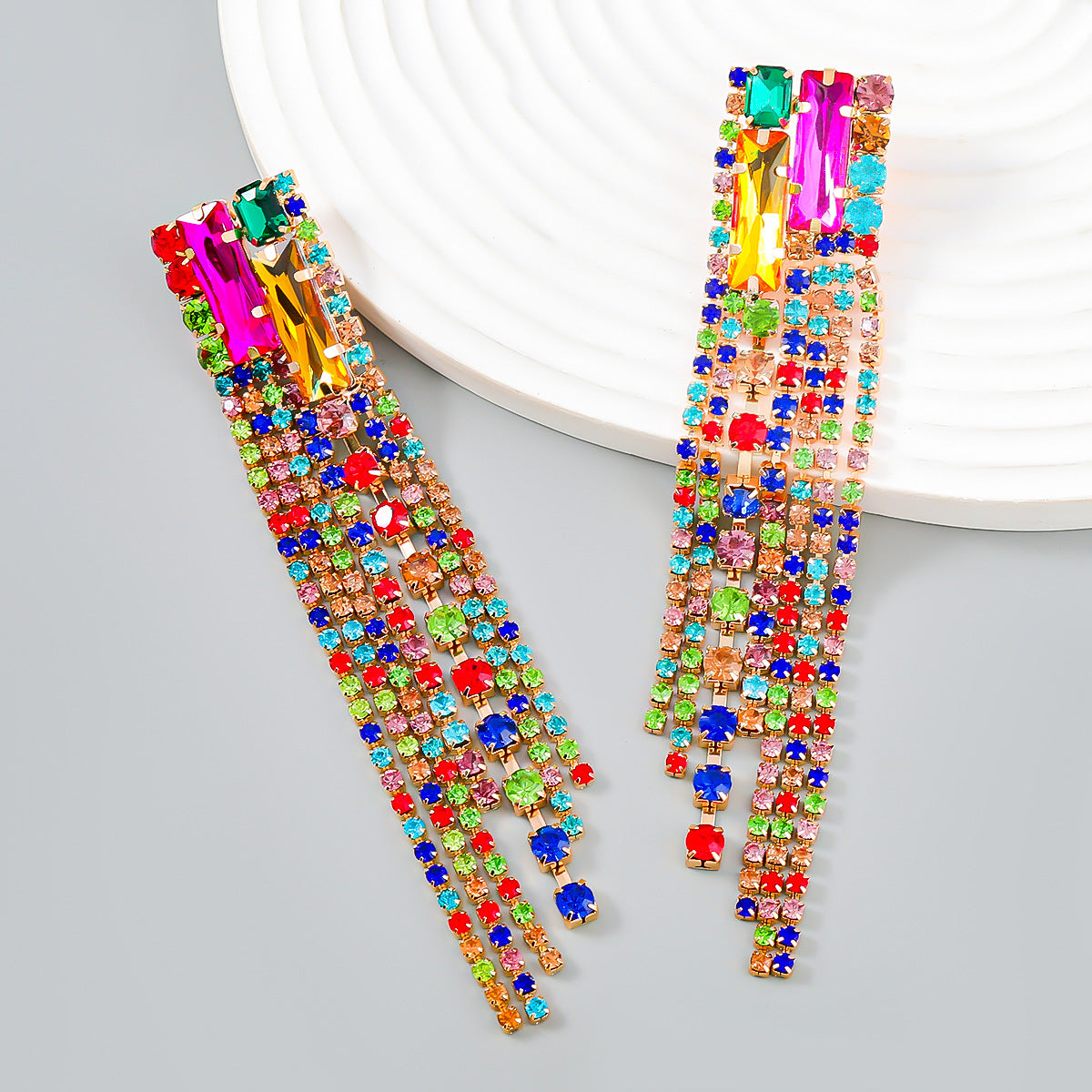 Women's Square Alloy Diamond Rhinestone Long Fringe Earrings