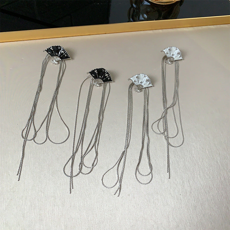 Design Enamel Fan Tassel Chinese Style Earrings