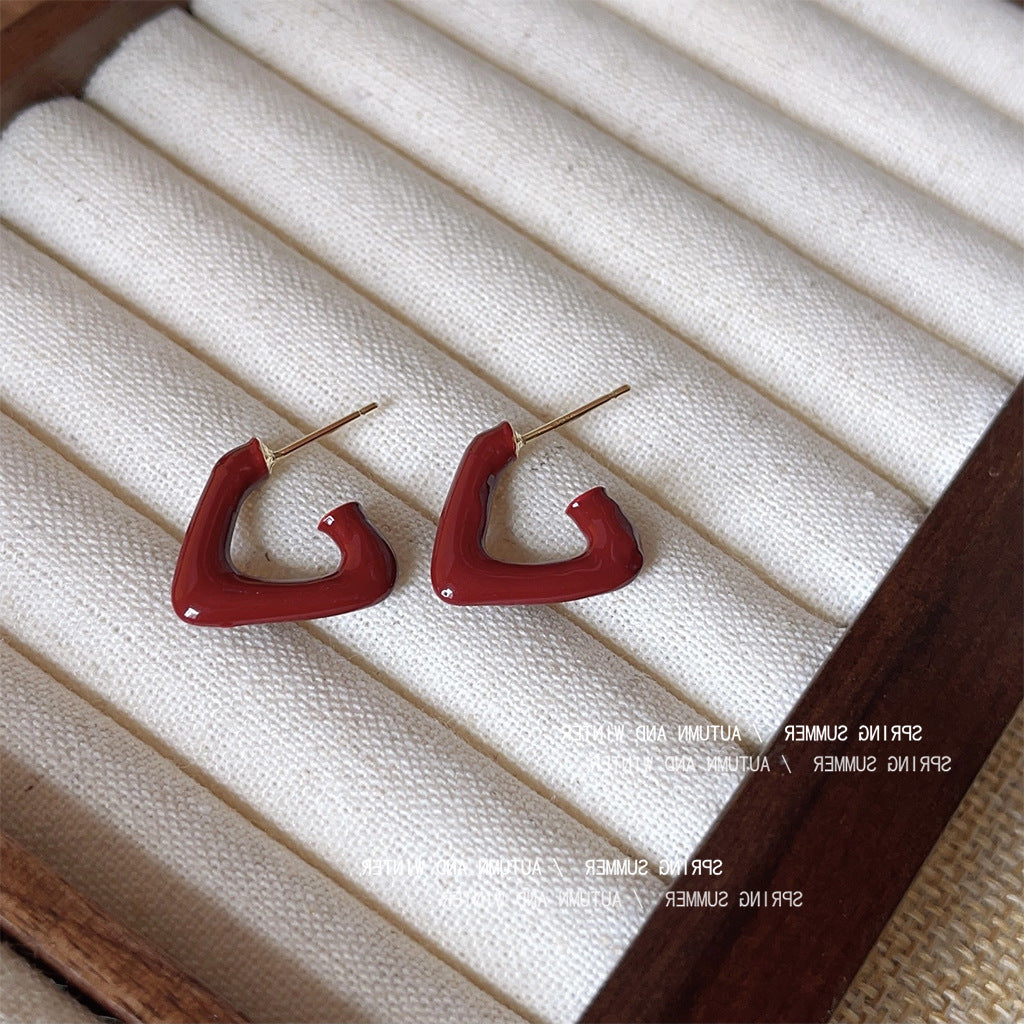 Style Retro Temperament Burgundy High-grade Sier Needle Earrings