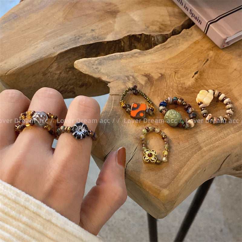 Steinglas Muschelperlen aufgereiht Vintage Ringe